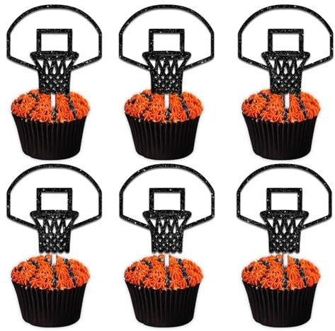 18pcs Black Glitter Basketball Hoop Dessert Cupcake Topper Pick for Play Basketball Theme Decor Supplies Men Boys Happy Birthday Sports Stars Party Decorations