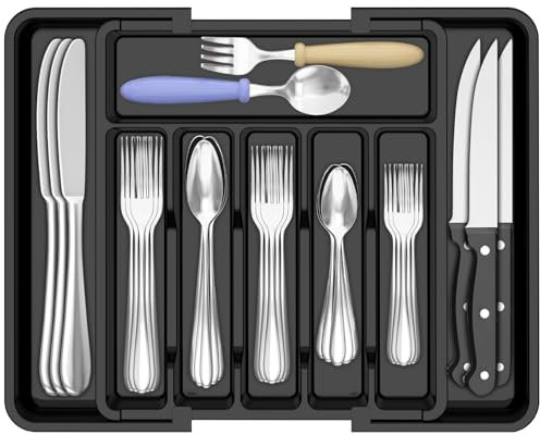 JULEHUI Juego de organizador de cubiertos – Organizador de cajones de utensilios de cocina expandible – Bandeja de cubiertos de plástico de grado alimenticio para cucharas, tenedores, cuchillos con 1