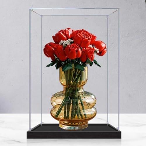 Boîte de présentation en acrylique pour Lego 10328 Bouquet de roses - Boîte de présentation transparente anti-poussière - Compatible avec kit de construction Lego 10328 (modèle non inclus) (base noire
