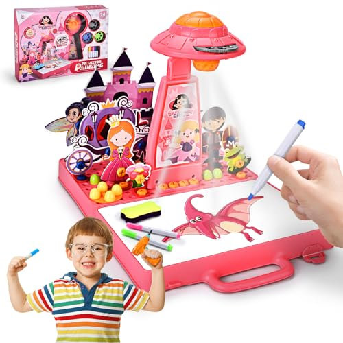 BuzzoXerex 2 en 1 Projecteur Dessin Enfant, Table Dessin Projection avec Mosaique Puzzle 3D, Jouet Montessori Caisse à Outils avec Perceuse Électronique, Cadeau pour Enfants 3-8 Ans