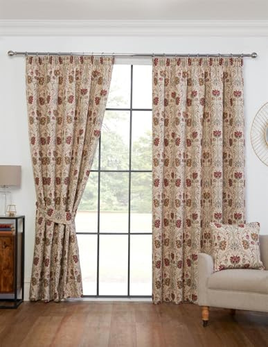 Sundour Aylesbury Pair Pencil Pleat Floral Design Jacquard Curtains with Natural Background 90 x 54 (229cm x 137cm)