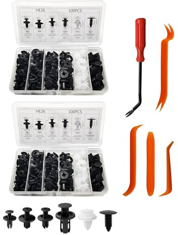 HUAZIZ 200 Pezzi Rivetti in Plastica, Universali Graffette Auto 6 Taglie Clip di Fissaggio per Auto Graffette Pannelli Porta Paraurti Fender con 5 Pezzi Strumenti per Smontaggio Auto