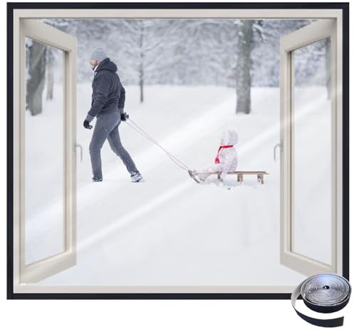 Transparentes Kunststofffenster zum Winterfestmachen,95x135cm Schwarz Mehrfunktionale Folien mit Klettband,Wetterfestes Fenster-Isolierset aus Kunststoff