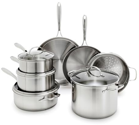 GreenPan 11 Piece Stainless Steel Cookware Set, Induction Ready, Tri-Ply Multiclad Pots & Pans with Lids, Compatible on All Cooktops, Measurement Markings, Dishwasher & Oven Safe,Swift, Silver Handles