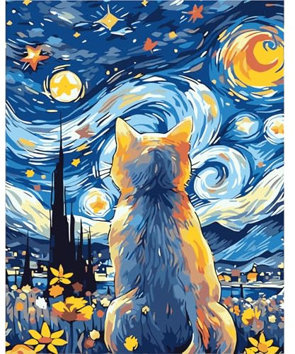 feelive Peinture Numero pour Adulte, DIY Ciel Etoilé et Chatte Peinture Numero d'art Acrylique pour Adultes Débutants Facile sur Toile 30×40 cm avec Peintures et Pinceaux(sans Cadre)