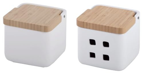 KOOK TIME Set d'accessoires de cuisine - Comprend salière de cuisine et pot à ail - Pot à ail et salière de cuisine avec couvercle basculant - Céramique et bambou - 11,5 x 11,5 x 11,5 cm (Set 2 Blanc)