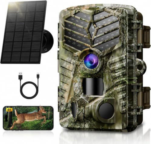 Solareye Trail Camera WiFi - Solar Powered 4K 64MP Game Cameras with Night Vision Motion Activated Waterproof, IP66 120° Detection Angle 0.2s Trigger 940nm No Glow LED Wildlife | Solar-Powered, Bluetooth Connectivity, 0.2s Trigger, 940nm Infrared LEDs, Wildlife Scouting, Hunting, SD Card Not Included