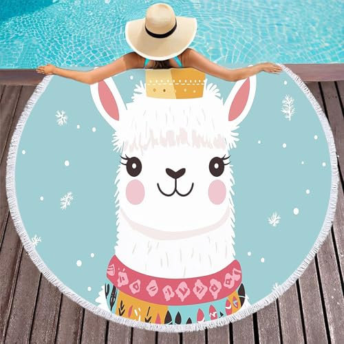 GSAEIMCT Schneeflocken-Alpaka Strandtuch Rund Groß Rundes Runder Yoga Matte Tuch/Tischdecke Rund Aufhänger Decke Picknick Handgefertigt Teppich Cartoon-Tiere 150Cm/60 Inch