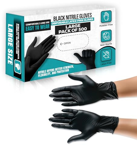 AIBULO 500 Black Nitrile Gloves Large | Bulk Disposable Latex-Free, Powder-Free Gloves for Cleaning, Food Prep, Tattoo, Salon, Mechanics & Home Use | Strong, Textured Grip