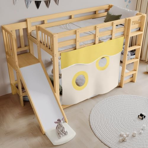 DHWDS Holzetagenbett für Kinder mit Rutsche, Treppe und Vorhang | Natürliches Design in Kiefernholz, mit Sicherheitsgittern und Rutschbahn | Spielbett 90x200 cm, mit Stauraum