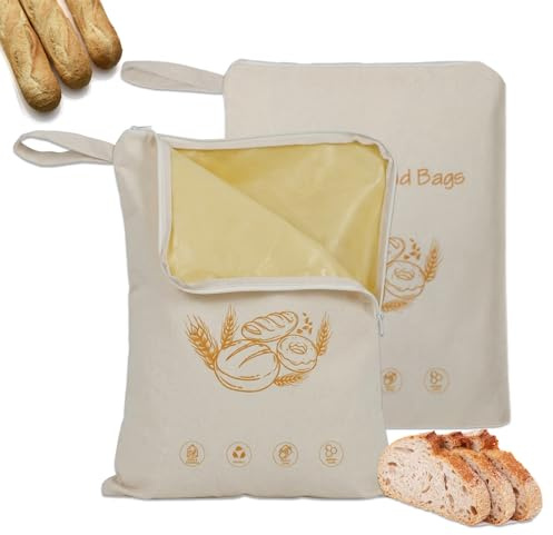 VELAJA Sacchetto per Pane in Cera d‘Api, Sacchetti Riutilizzabili per Conservazione con Cerniera e Manico, Cotone Naturale per Pane Fatto in Casa e Lievito Madre (2 Pezzi, 33x43cm)