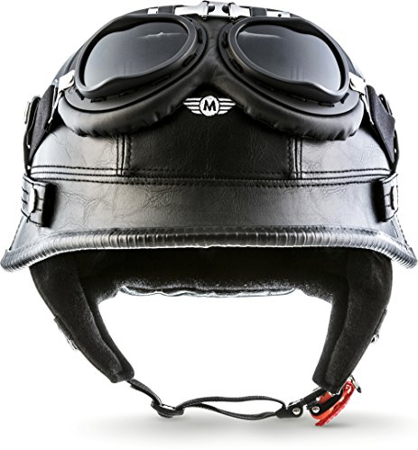 Moto Helmets® D33-Set „Leather Black“ · Brain-Cap · Halbschale Jet-Helm Motorrad-Helm Roller-Helm Scooter-Helm Bobber Mofa-Helm Chopper Retro Cruiser Vintage Pilot Biker Helmet Brille · M (57-58cm)