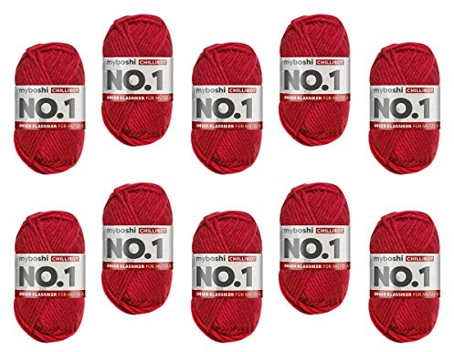 myboshi No.1 Wolle zum Häkeln und Stricken, Schnellstrickgarn, langlebige Mützenwolle, Strickwolle, Häkelwolle, mulesing-frei, 50g, Ll 55m Rot (Chillirot) 10 Knäuel