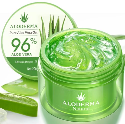 Aloderma Organic Aloe Vera Gel for Face & Body, Made within 12 Hours of Harvest, 96% Pure Aloe Vera Gel for Skin, Scalp, & Hair, Soothing Aloe Face Moisturizer, Hydrating Aloe Gel, 7oz SeEs