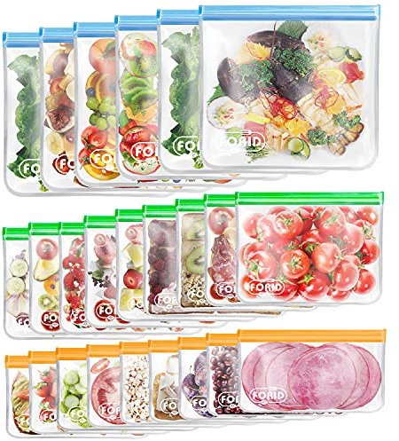 FORID 24 Pack Reusable Food Storage Bags, Silicone Gallon Freezer Bags, Sandwich Snack Resealable Lunch Bags, Extra Thick Leakproof for Marinate Food, Fruit Cereal Travel Items Home Kitchen