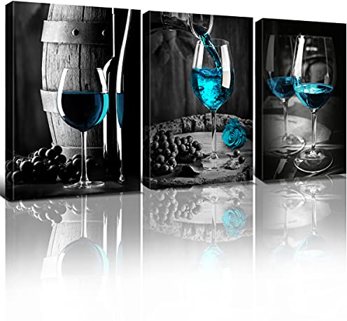Toile murale à 3 panneaux – Impressions sur toile de peintures à thème verre à vin gris et noir – Affiches d'art pour décoration murale d'intérieur : cuisine, salon, salle à manger, bar, famille, bar
