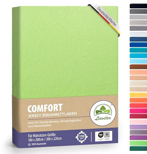 leevitex® Premium Spannbettlaken 180x200-200x220 cm - 40 cm Steg - auch für Boxspringbett & Wasserbett | 100% Mako-Jersey-Baumwolle | ÖKO-TEX | 170g/m² | Apfelgrün/Hellgrün