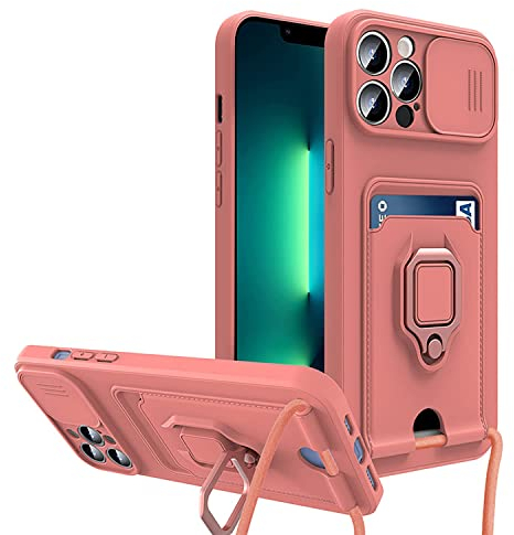 Rokmym Handykette Hülle mit Kartenhalter für iPhone 13 Pro Max kameraschutz Hülle mit Camera Slider Handyhülle für zum Umhängen Silicone Schutzhülle mit Magnetring für iPhone 13 Pro Max