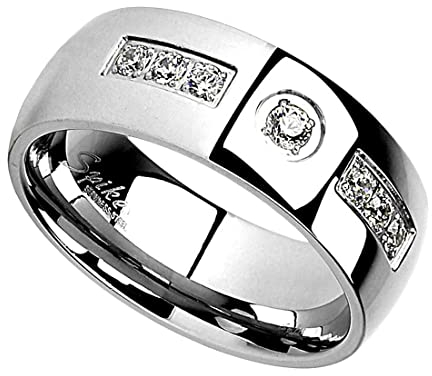 Taffstyle Band Ring Edelstahl mit Zirkonia Kristall Ehering Herrenring Damenring Partnerring Damen Herren Silber Größe 62 (19.7) Breit 8mm