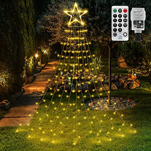 CORST Christmas Lights Outdoor Star Curtain Lights Mains Powered Window Curtain Lights Plug in Christmas Tree Lights Outside 335 LED for Xmas Room Gazebo Decor(Warm White)