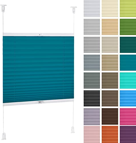 DECOOR Plissee ohne Bohren 40cm x 200cm Faltrollo Rollo für Fenster und Tür Nicht-invasive Fensterjalousien guter Sichtschutz und Sonnenschutz Breite der Überlappung 2 cm Türkis