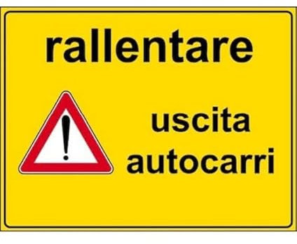 CARTELLO IN LAMIERA SCATOLATA RETTANGOLO 60X40 cm - rallentare uscita autocarri - SEGNALE CATARIFRAGENTE CON CAVALLETTO (CARTELLO + CAVALLETTO)