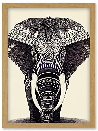 Doppelganger33 LTD Illustration Of Elephant With Tribal Patterns Black And White Artwork Framed Wall Art Print A4