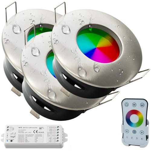 Planetitaly KIT faretto SMART WiFi cromoterapia IP65 box doccia LED 6W RGB lampada multicolore 24V centralina controllo vocale alimentatore RGBW 4000K luce naturale (Silver spazzolato, KIT 3 pz)