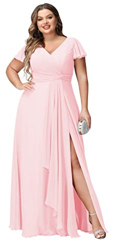 Miao Duo Robe de demoiselle d'honneur grande taille à manches volantées avec poches, col en V, robe de soirée longue formelle avec fente YZTS081, rose clair, 48 plus