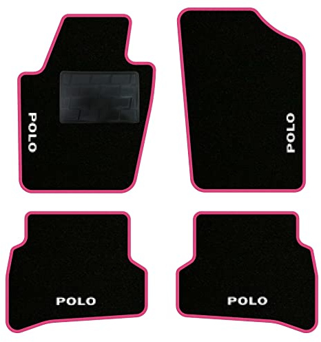 QUEMAR Auto-Fußmatten für Polo V 2009–2017, Rand Rosa, 4 Stickereien | 6R - 6C / Set Fußmatten und Gummi nach Maß / Set 2 vorne + 2 hinten / Stickerei und Farben nach Maß