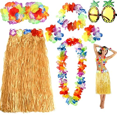 Meiruier 7 Stück Hawaii Party Kostüm Set,Hawaii Kostüm Damen,Faschingskostüme Damen für Beachparty Deko und Ananas Sonnenbrille Beachparty Deko (Gelb-1)