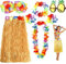 Meiruier 7 Stück Hawaii Party Kostüm Set,Hawaii Kostüm Damen,Faschingskostüme Damen für Beachparty Deko und Ananas Sonnenbrille Beachparty Deko (Gelb-1)