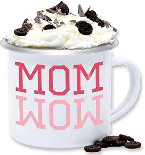 Emaille Tasse Blechtasse - Tassen - Mom Wow Mama Mutti Geschenk - 300 ml - Weiß Silber - fuer mutter mütter geschenke besten mamas muttertags mothers day muttertaggeschenke mamatags