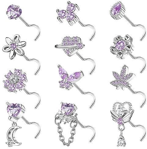 Kakonia 12Pièces 20G Piercing Nez Pour Femmes Argent Acier Inoxydable Nose Piercing Nasal Stud L S Shape Zircon Courbé Bijoux Pour Femmes