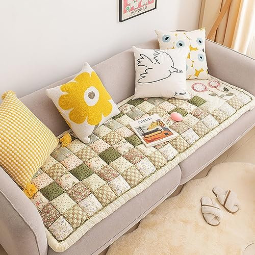 Garden Chic Cotton Protective Couch Cover, Funny Fuzzy Couch Cover Magic Sofa Cover, Cotton Quilted Couch Cover Seat Cushion Large Plaid Square Pet Mat Bed ( Color : Green-b , Size : 50*50cm/19.7*19.7