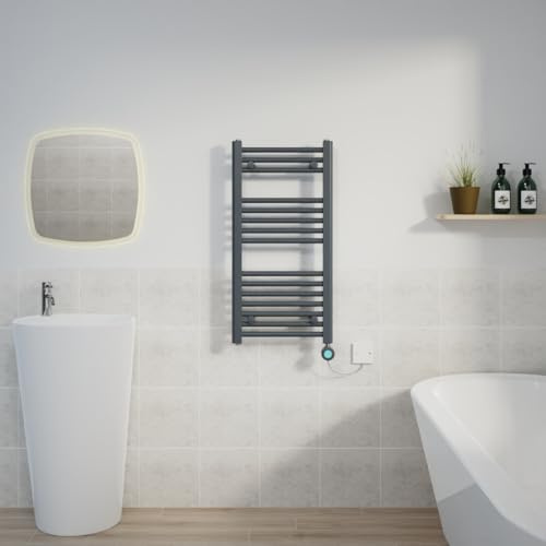 Warmehaus Electric Thermostatic Towel Radiators Straight Grey 800x400mm | Timer, Prefilled, LCD Display, Child Lock, Dual Fuel, Mild Steel, Wall Mounted, Bathroom Ladder Towel Warmer
