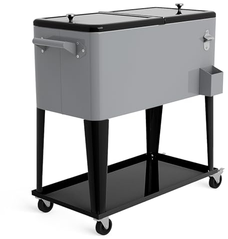 COSTWAY 76L Kühlwagen Beistellwagen, Servierwagen Kühlbox mit Rädern und Ablagefläche, Kühlbehälter Getränkewagen, Getränkekühler inkl. Flaschenöffner für Outdoor Terrassen Party (Silber)