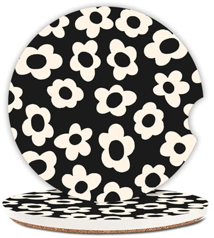 Adastrah Saugfähige Auto-Untersetzer für Getränkehalter, 6,5 cm, Keramikstein und kratzfester Korkboden, Getränkeuntersetzer (weiße Blume), 2 Stück