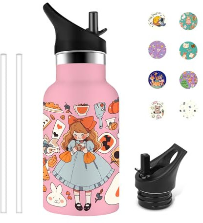Grsta Gourde Enfant, 350ml Gourde Isotherme, Gourde avec Paille, Bouteille d'eau qui Peut Être Transporté avec Vous, Gourde Enfant sans BPA, pour Écoles, Bureaux, Cafés, Rose-Princesse