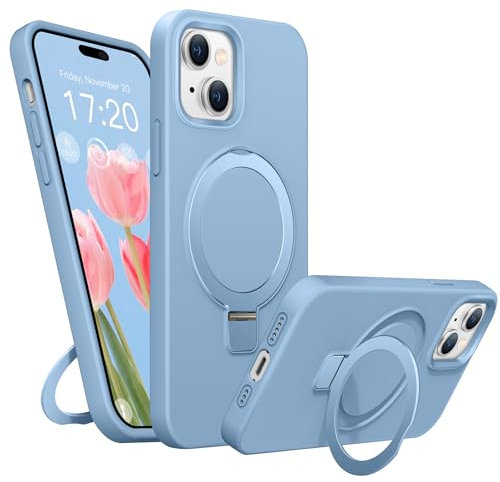 BENTIACC Liquid Silicone Case for iPhone 14/13, Magnetic Rugged Stand Ring, 4-Layer Shockproof Protective Case with Soft Microfibre Lining, Scratch Resistant (Light Blue)