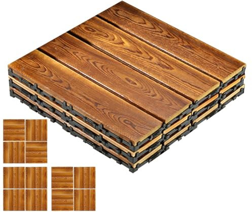 Piastrelle per terrazze in legno ad incastro – 3 pezzi pavimento in legno carbonizzato, 12 x 12 pollici, piastrelle antiscivolo per pavimentazione esterna ad incastro per piscina