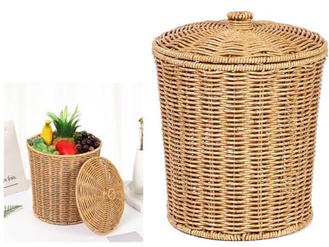 Rattan Waste Basket Wicker Trash Can with Lid Round Trash Bin Woven Storage Basket Clothes Container Laundry Hamper for Bedroom Living Room Bathroom Chocolate