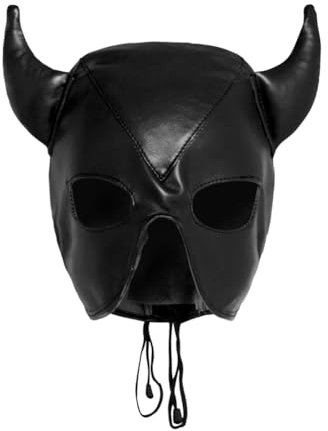 Maschera in pelle PU con corno a copertura completa, regolabile, con lacci, per viso con bocca aperta, copricapo per Halloween, cosplay, occhi, night club, travestimento