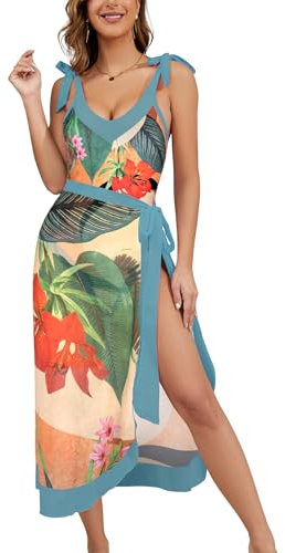 SHEKINI Cuello en V Bañador Mujer con Pareo Ajustable Una Pieza Traje de Baño con Tapado Control de Abdomen Dos Piezas Trajes de Baño(S, Narciso)