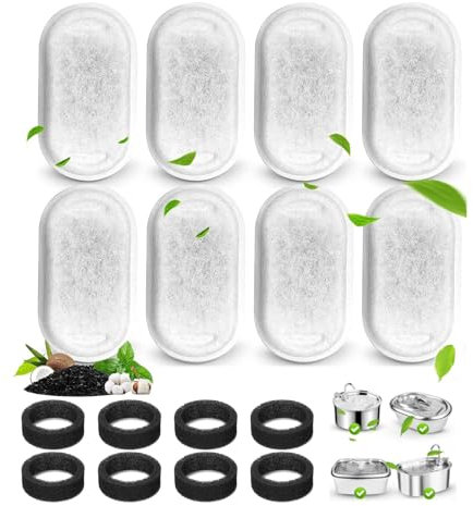 DuDuZui 16PCS Cat Water Fountain Filters, 8 Pack Cat Fountain Filter Replacement with 8 Sponges, for 2L/67oz & 3.2L/108 oz Stainless Steel Pet Water Dispenser