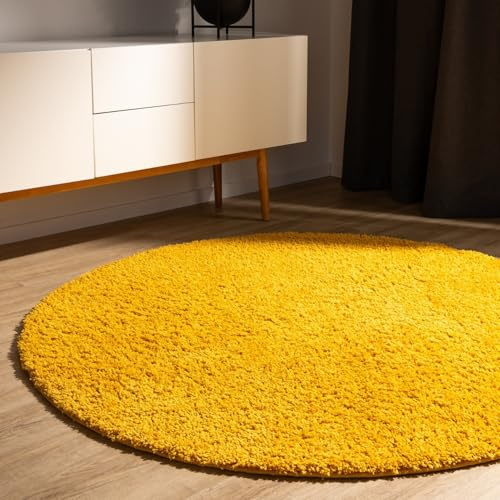 benuta Basic Hochflorteppich Teppich Wohnzimmer Sohari - Gelb 120 cm Rund - Minimalistischer Look - Weich & Waschbar - Für Schlafzimmer, Flur oder Esszimmer - Geeignet für Fußbodenheizung