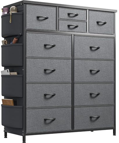 EnHomee Tall Chest of Drawers Bedroom with 12 Drawers, Fabric Dresser with 4 Side Pockets, Bedroom Cabinet with Wooden Top & Metal Frame, Sturdy Storage Organizer for Living Room, Closet