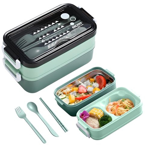 Electri-HQ Lunch Box con 3 Scomparti 1400ml，Porta Pranzo，Bento Box Adatto al Microonde e Alla Lavastoviglie，Porta Pranzo Riscaldabile，Schiscetta Pranzo per Bambini, Scuola, Ufficio e Viaggio (verde)