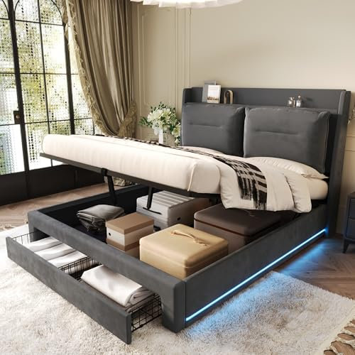 Laxnb Upholstered Bed Double Bed 4ft6 Ottoman Bed Frame 135x190 cm with Storage and Drawer, Bed with LED Lighting, Hydraulic Storage Bed Functional Bed Frame with Slats, Velvet Dark Gray, No Mattress