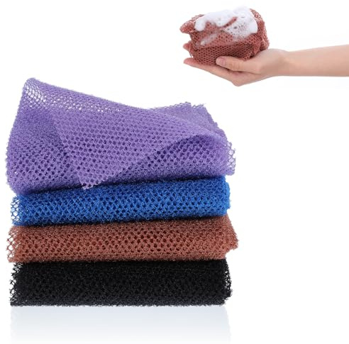 Classicseali 4 Stück Afrikanischer Netzschwamm, Nylon Körperwäscher, Afrikanisches Peeling Netz, African Net Sponge Knots, African Sponge für Damen und Herren,80x30cm,Beige,Gelb,Hellgrün,Rosa